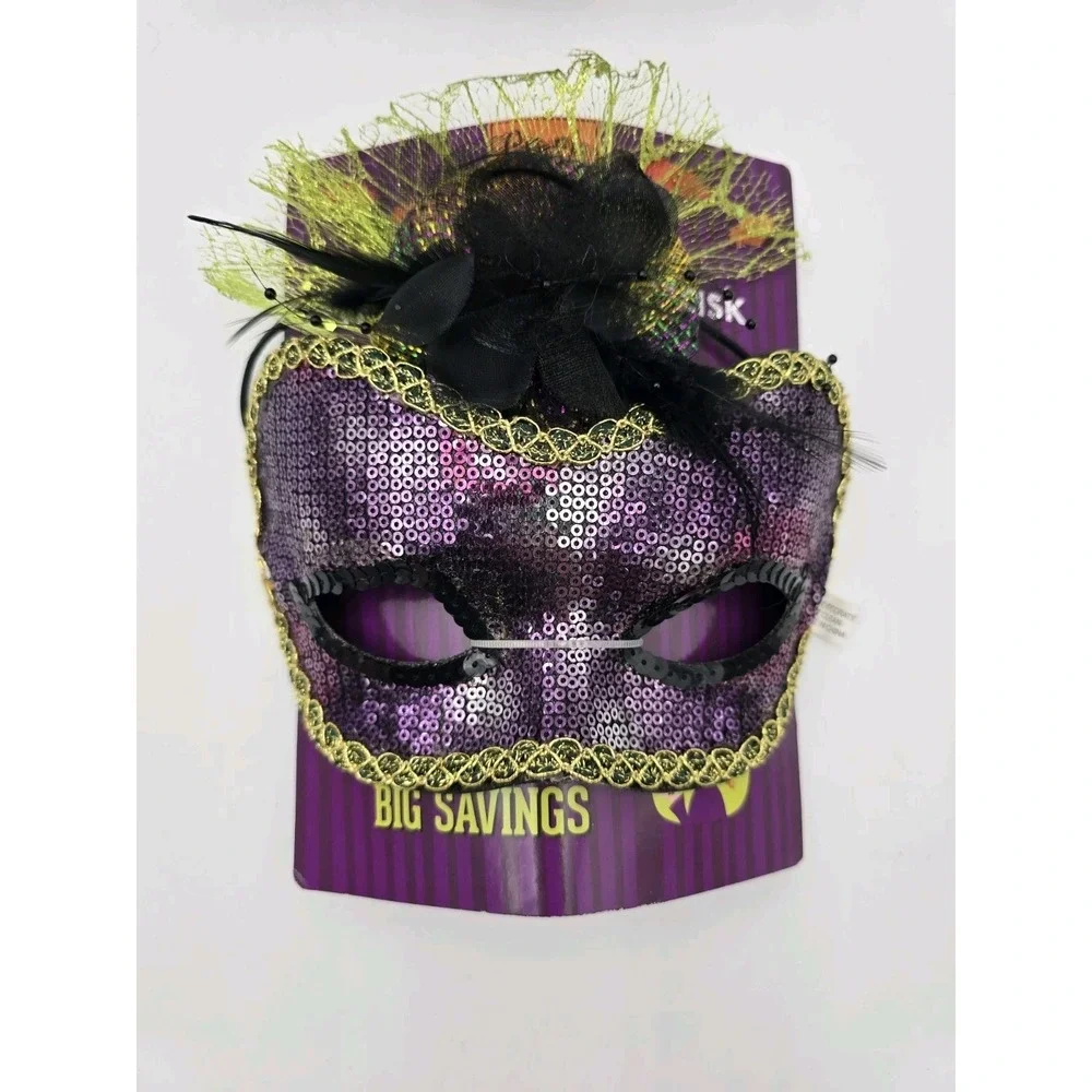 Lot Of 3 Halloween Masquerade Masks Sequin Sparkle Cat Purple Green